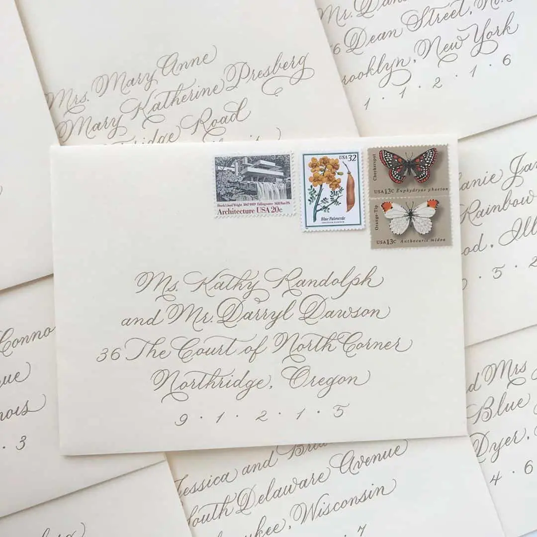 hand lettered return envelopes Hand-lettered addressed envelopes hand addressed envelopes wedding calligraphy